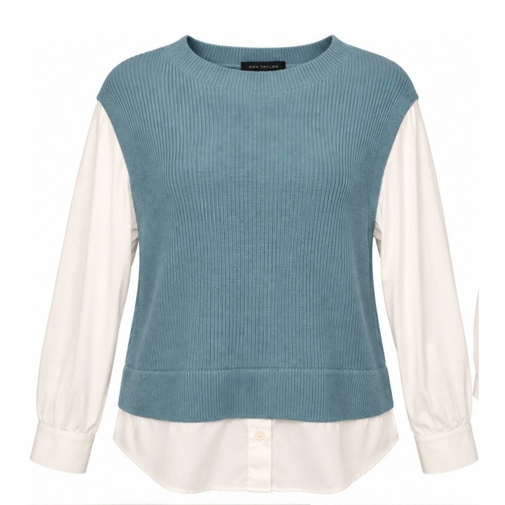 Ann Taylor Blue Ribbed Mixed Media Layered Look Sweater Top White Sleeves SP